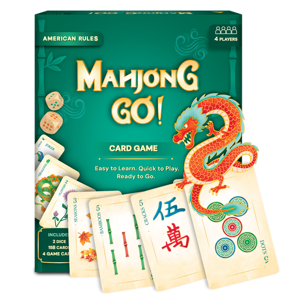 Mahjong Go! card game packaging with cards and dragon illustration on a white background