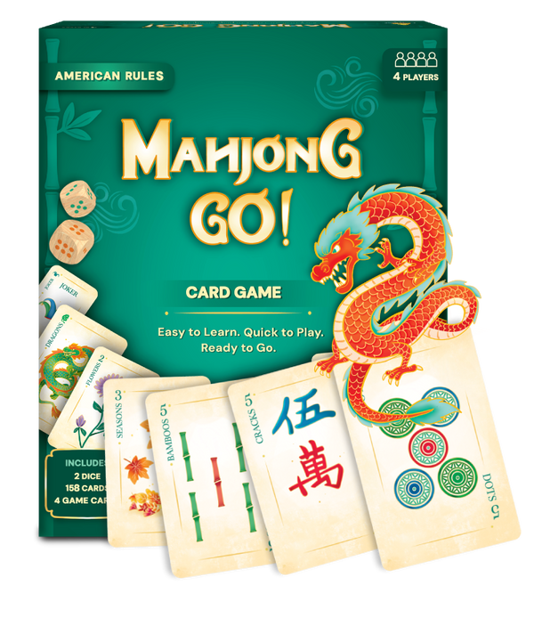Mahjong Go! card game packaging with cards and dragon illustration on a white background