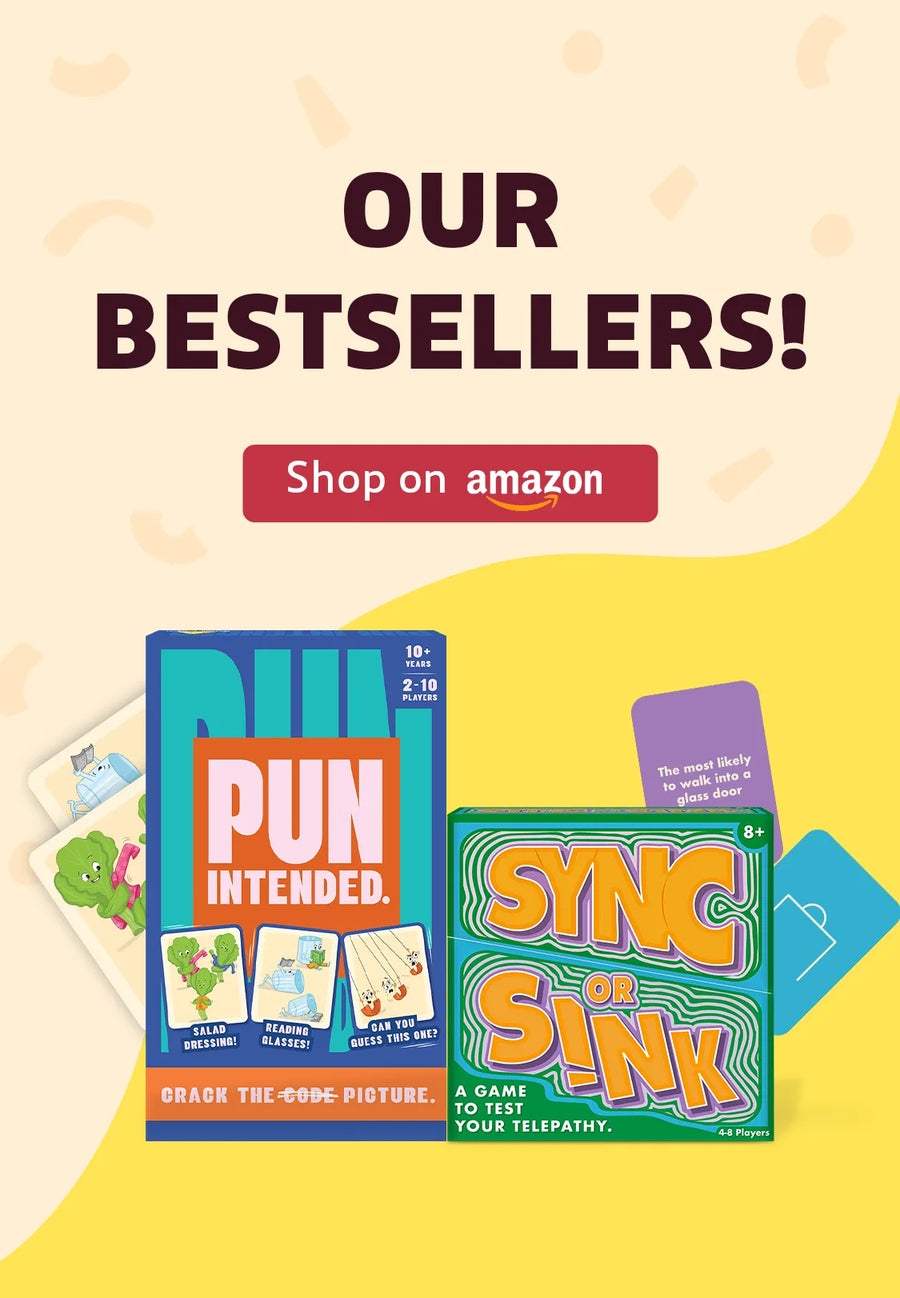Gouda Games bestselling games Pun Intended and Sync or Sink with a ‘Shop on Amazon’ button.