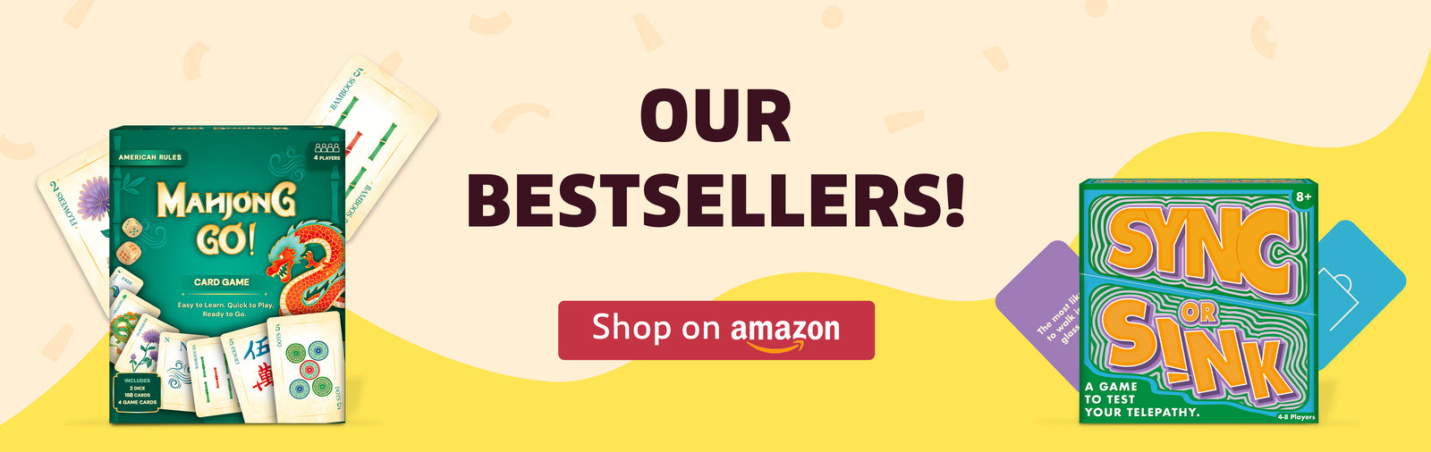 Our bestselling Gouda Games - Pun Intended and Sync or Sink with a Shop on Amazon call-to-action.