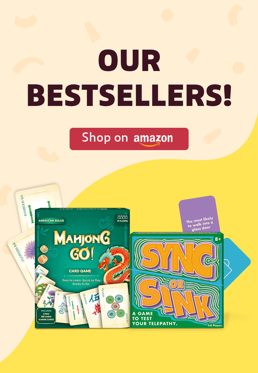 Gouda Games bestselling games Pun Intended and Sync or Sink with a ‘Shop on Amazon’ button.